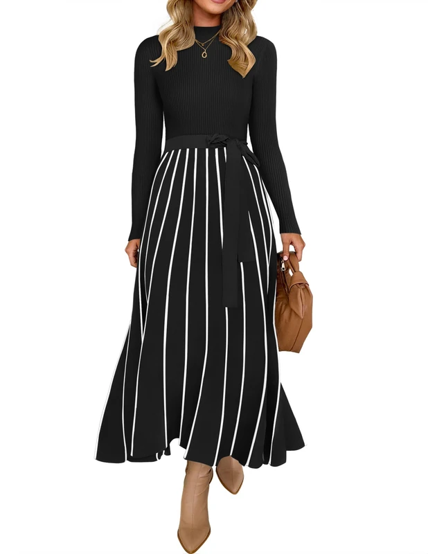 ZESICA Womens 2024 Fall Turtleneck Long Sleeve Sweater Dress Tie Waist Casual Loose Ribbed Knit A Line Midi Dresses, Black, Small