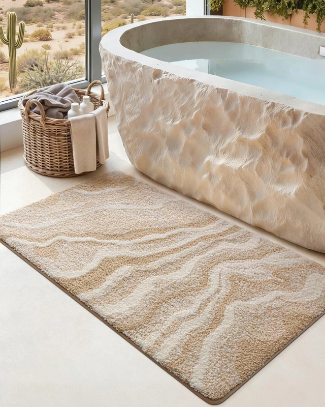 DEXI Bathroom Rug Mat 24x43, Non Slip Machine Washable Marble Bathmat, Absorbent Thick Microfiber Rugs, Soft Plush Carpet for Shower Floor, Tub, Sink, Bath Accessories Decor, Beige