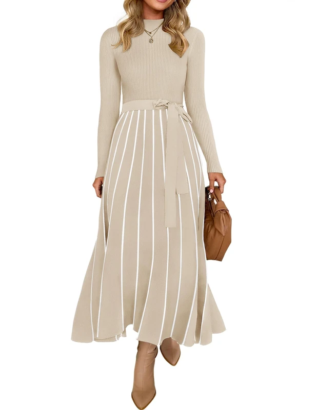 ZESICA Womens 2025 Fall Turtleneck Long Sleeve Sweater Dress Tie Waist Casual Loose Ribbed Knit A Line Midi Dresses, Apricot, XL