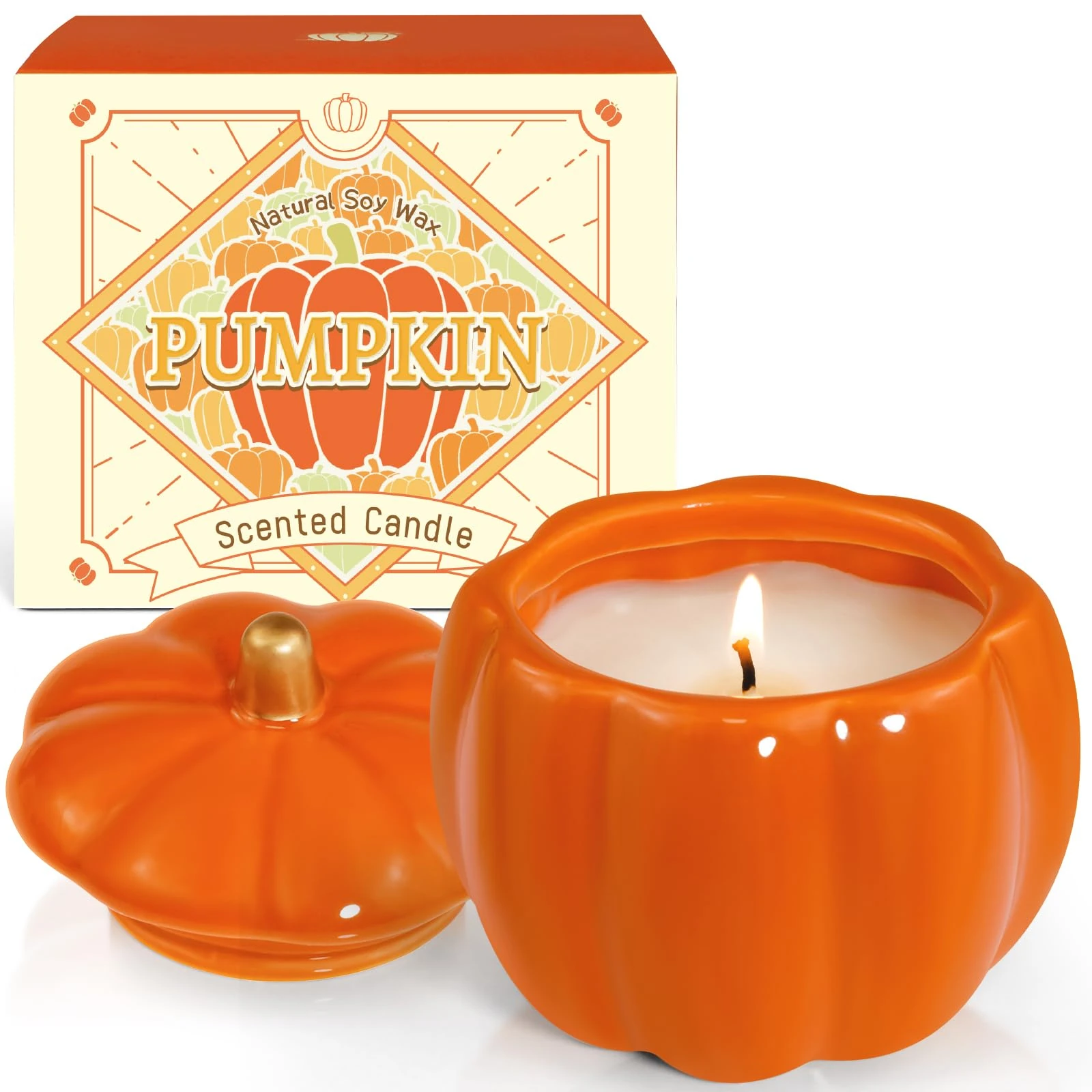 SCENTORINI Autumn Scented Candle, Pumpkin Candle, Ceramic Candle, Natural Soy Wax for Halloween Decor, Autumn Fragrance