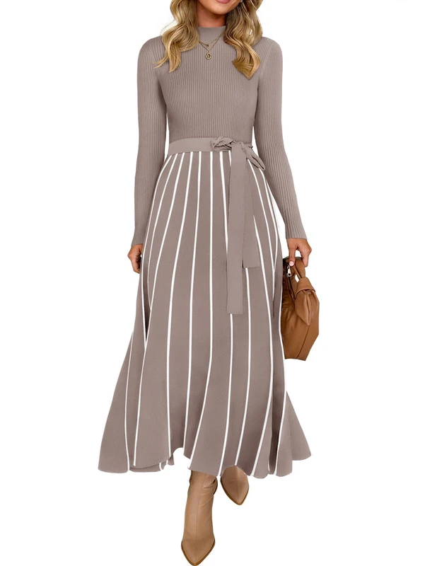 ZESICA Womens 2025 Fall Turtleneck Long Sleeve Sweater Dress Tie Waist Casual Loose Ribbed Knit A Line Midi Dresses, Khaki, M