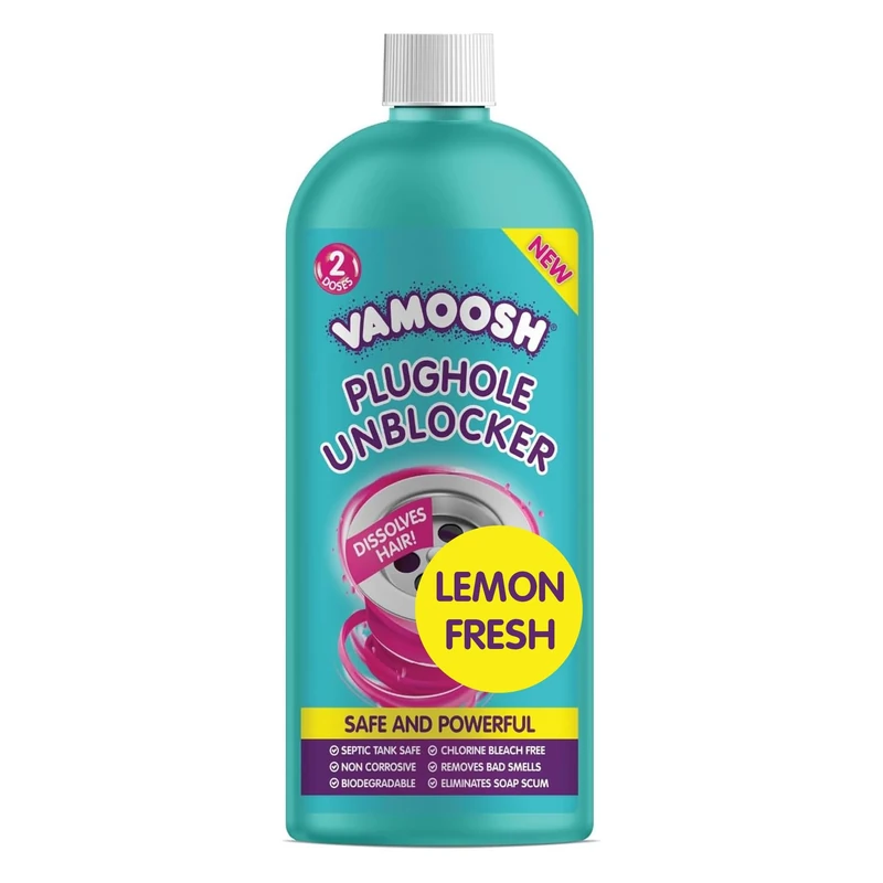 Vamoosh Plughole Unblocker, Drain Unblocker Bathroom - Dissolves Hair, Bleach-Free Bathroom Sink Unclogger, Septic Tank Safe, Fast Acting, Safe & Powerful - 2 Doses (600ml)