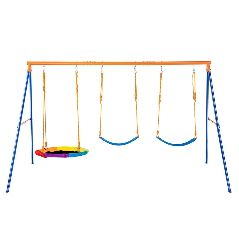 VEVOR Swing Sets for Backyard, 600lbs Load Capacity Swing Set, with 1 Saucer Swing Seat, 2 Belt Swing Seats, Heavy Duty A-Frame Metal Swing Stand and Adjustable Rope, Swingset Outdoor for Kids