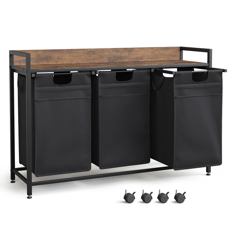 Mondeer Laundry Basket with Wheels, Laundry Hamper 3 Compartments, Metal Frame Washing Basket with Storage Shelf and Front Storage Bag for Bedroom Bathroom, 3x50L, 106 * 33 * 75 cm