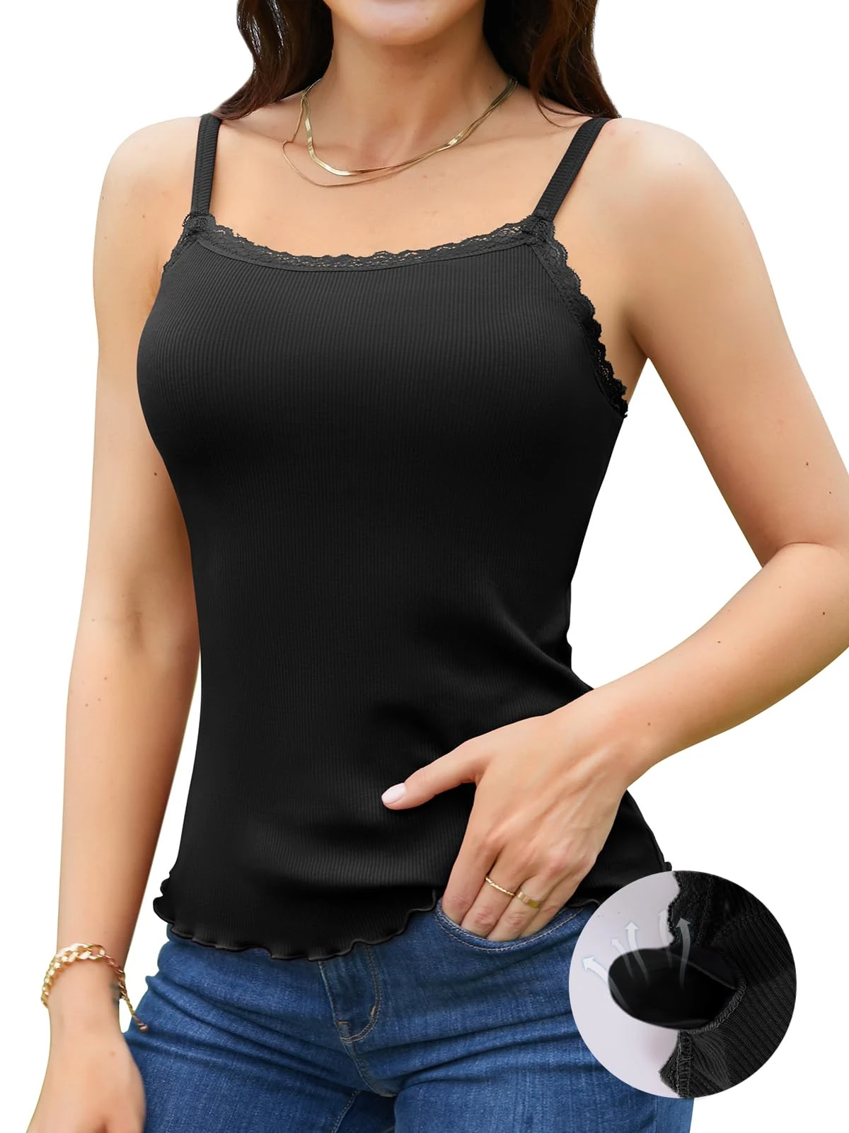 V FOR CITY Camisoles for Women with Built-in Bra Lace Trim Cami Adjustable Spaghetti Strap Lettuce Hem Ribbed Tank Top, Black, M