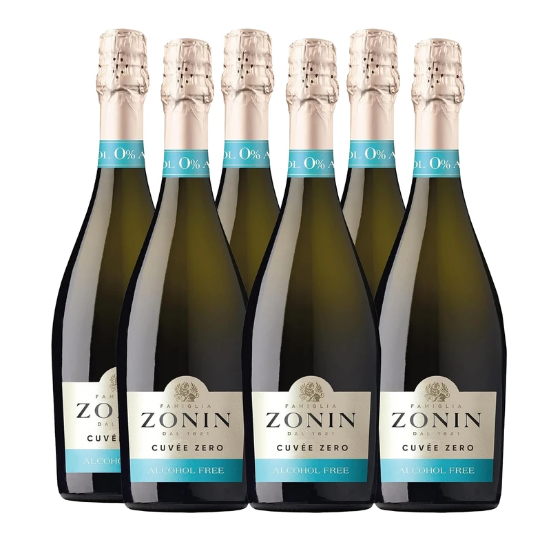 Zonin Cuvée Zero - Alcohol-Free Italian Sparkling Wine-Based Drink - Non-Alcoholic Blend of Garganega, Trebbiano & Chardonnay Grapes - 75cl / 750ml, < 0.05% ABV - Pack of 6