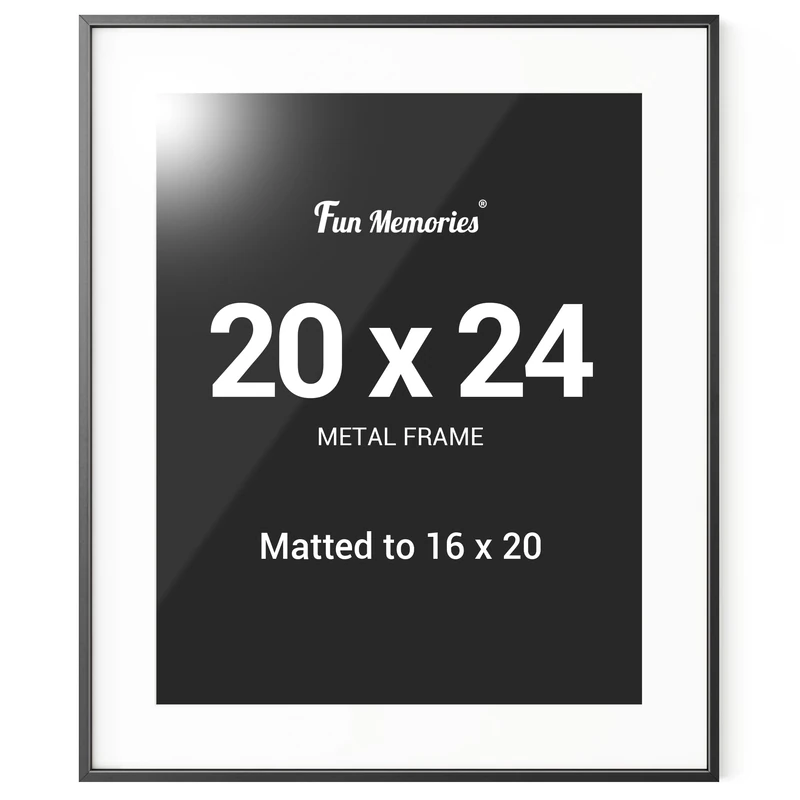 Fun Memories 20x24 Black Frame with Mat for 16x20 Photo, 20x24 Aluminum Picture Frame with 16x20 Mat with Plexiglass - Vertical and Horizontal Display - Wall Hook Hanging Hardware Included -Set of 1