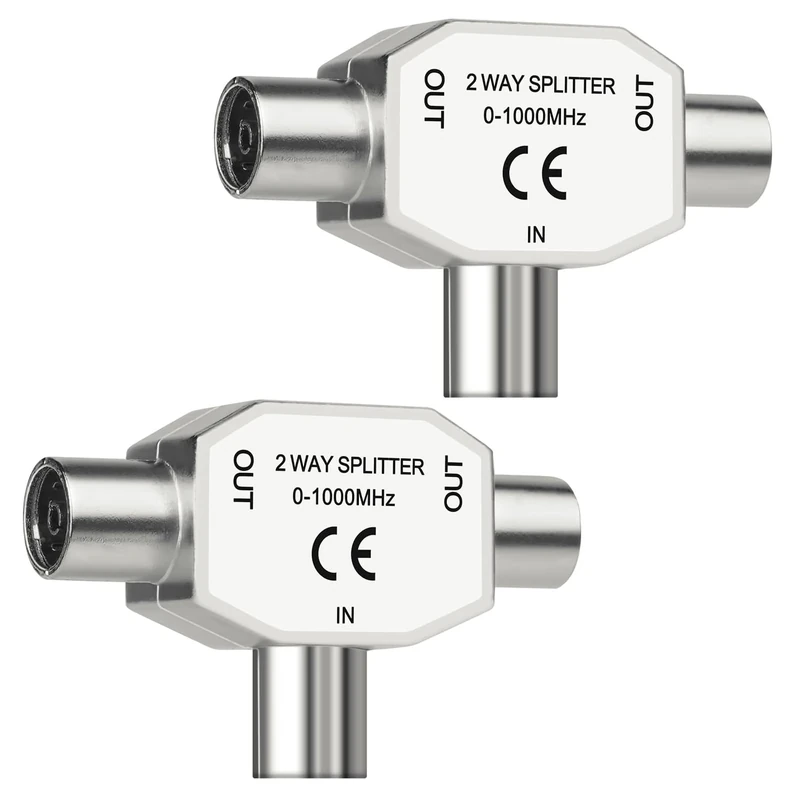 2 X TV Aerial Coax Splitter, Digital Signal Antenna Splitter, 2 Way 1 Male to 2 Female Adapter Connector Joiner, Shielded Metal Housing