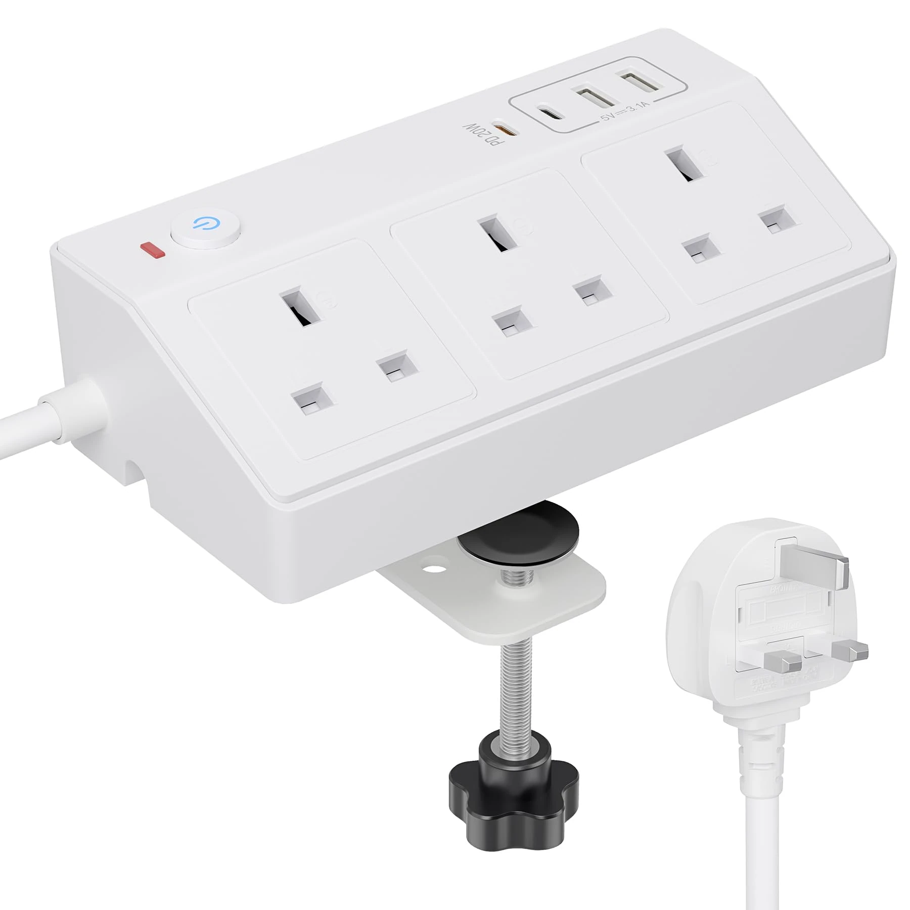 Desk Power Socket with USB Slots, HAFINO PD 20W Fast Charging Power Station, 3M White Extension Lead with Removable Clamp, Desktop Power Strip for Home Office