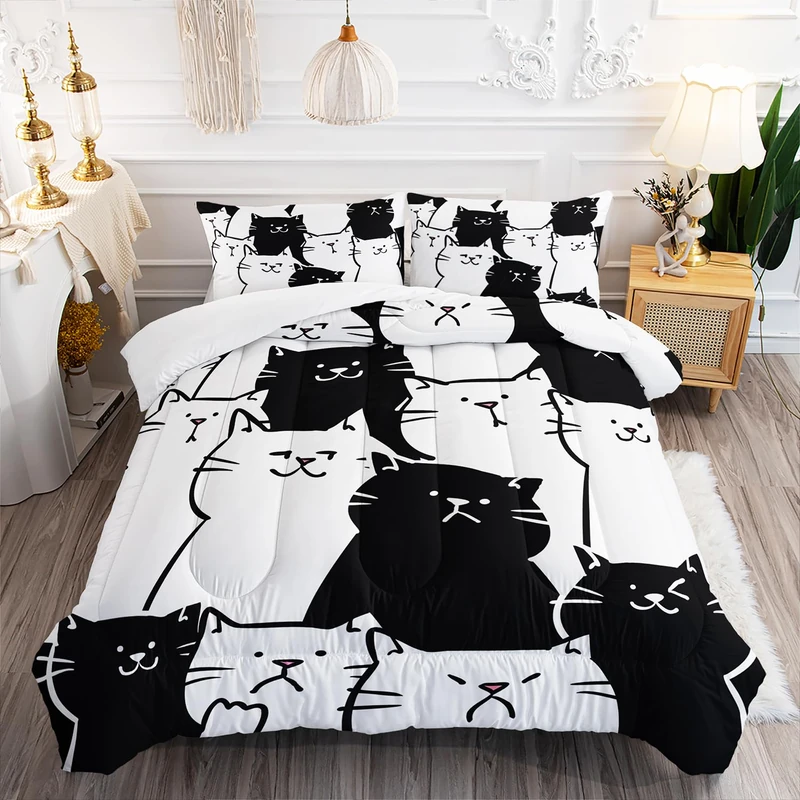 XYNHML Kids Cartoon Cat Comforter 3Pcs Full Black and White Kitten Bedding Cute Pet Cat Comforter Set for Teens Kids Boys Girls Adults Kawaii Line Cute Cat Quilt with 1 Comforter and 2 Pillowcases