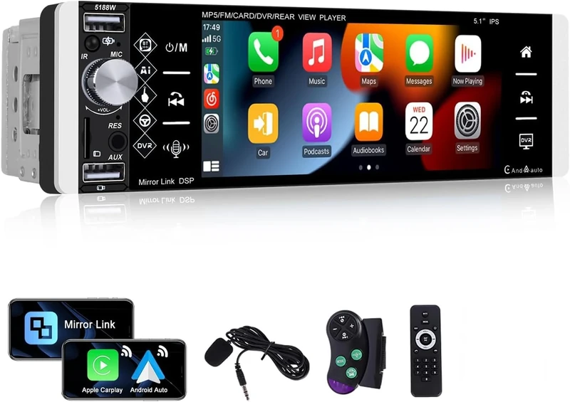 [Upgrade Wireless] CAMECHO Single Din Car Stereo Wireless Carplay Android Auto Bluetooth Hands-free, 5.1 inch Touch Screen Mirror Link FM/AM/RDS TF port EQ