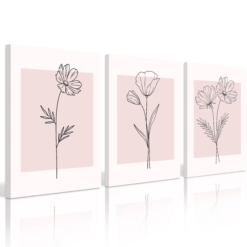 Pink Wall Art Pictures Decor Blush Pink Flower Canvas Painting Floral Botanical Wall Art Girl Room Poster Aesthetic Coquette Artwork for Bedroom Office Bathroom 16x24 Inch Wrapped Canvas set of 3