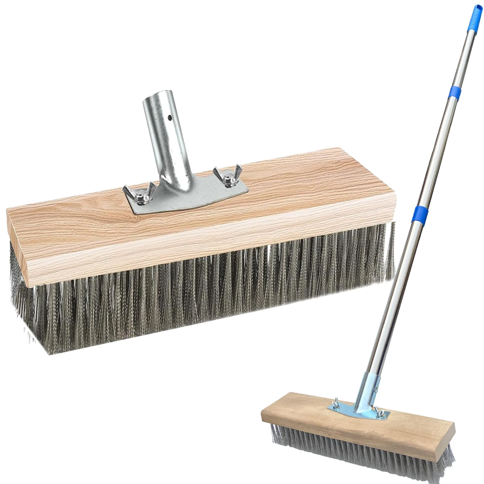 Heavy Duty Wire Broom with Telescopic Handle, Stiff Metal Bristle Brush for Removing Weed Moss Algae, Outdoor Floor Scrub Brush for Patio, Deck, Garden (30cm)