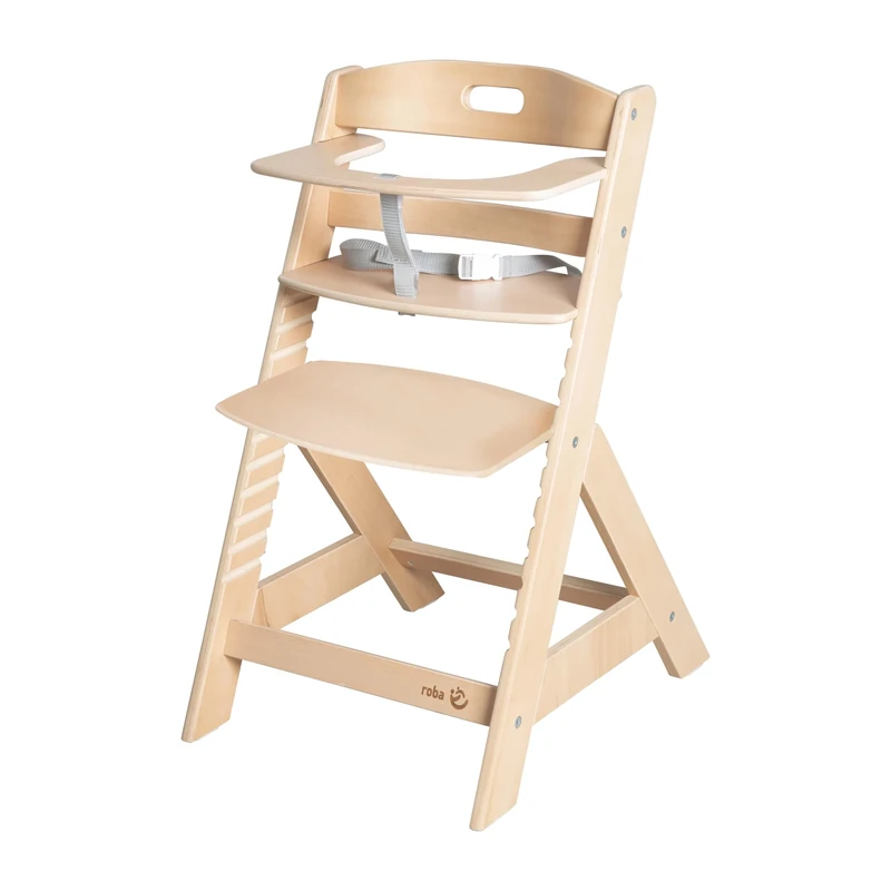 roba Baby Highchair Liv Up - Adjustable Wooden Highchair - Height-Adjustable Children's Highchair with Crotch Strap - from 6 Months up to 70 kg - Natural FSC