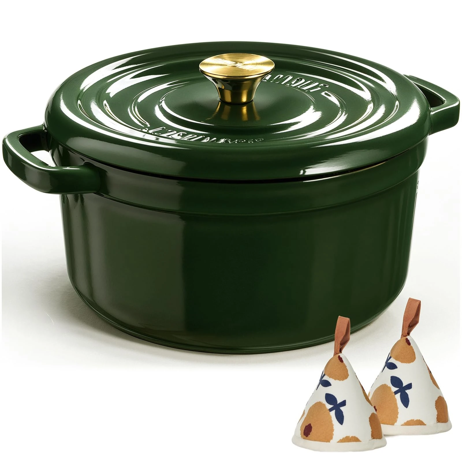 Overmont 26cm Enameled Cast Iron Dutch Oven - 5L Pot with Functional lid Cookbook & Cotton Potholders - Oven Safe up to 500° F, Sturdy Cookware for Braising, Stews, Roasting, Bread Baking, Green