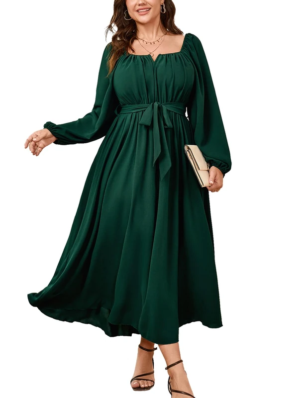 SCOMCHIC Women Plus Size Maxi Dress Long Sleeve Square Neck Wedding Guest Cocktail Belted Elegant Flowy A Line Long Dresses, Emerald Green, XX-Large Plus - Image 1