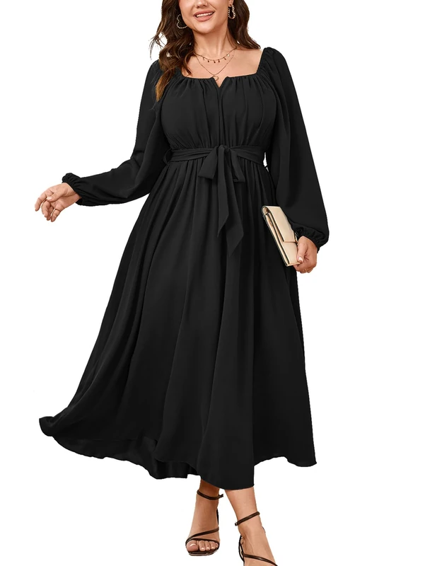 SCOMCHIC Women Plus Size Maxi Dress Long Sleeve Square Neck Wedding Guest Cocktail Belted Elegant Flowy A Line Long Dresses, Black, 3XL Plus