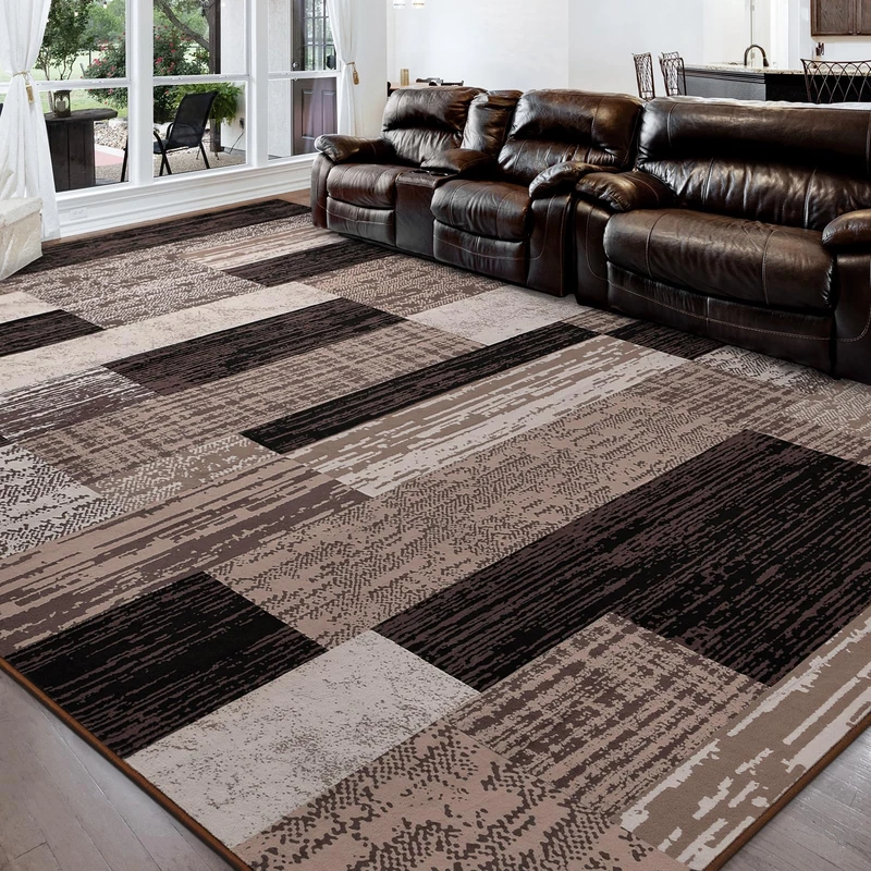 FlyDOIT Modern Geometric Patchwork Area Rug, 5x8 Chocolate Large Rugs for Living Room, Rockwood Collection Indoor Rugs for Bedroom, Throw Carpet Floor Decor for Entryway Dining Room Office Nursery