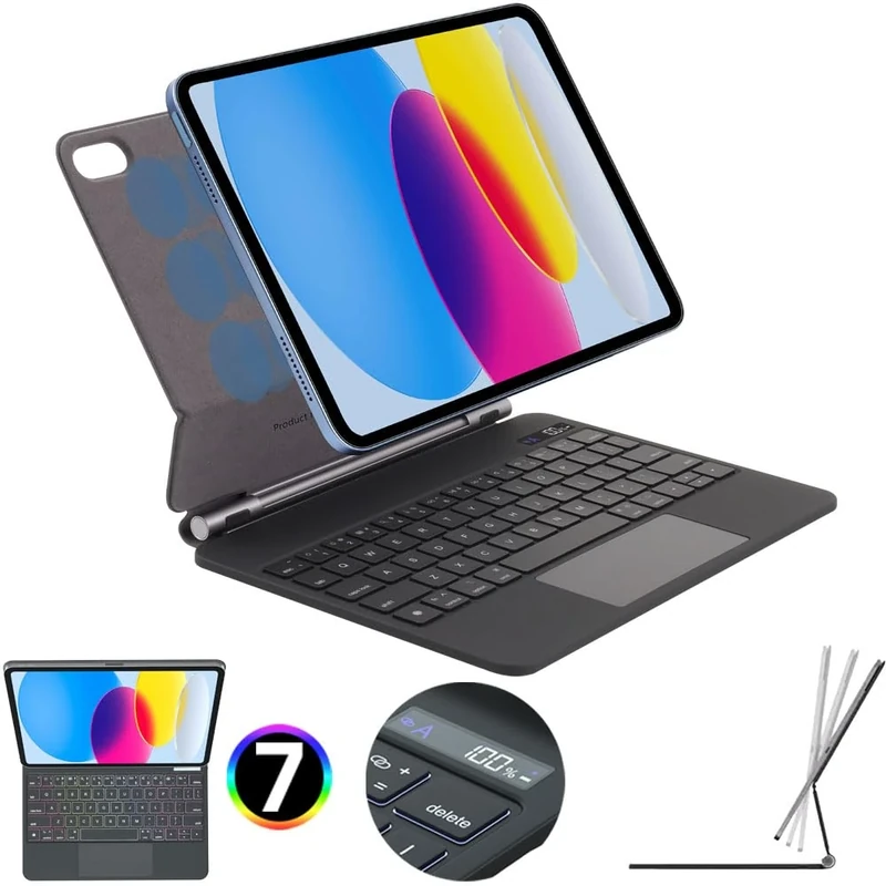 TECHGEAR Keyboard Case for iPad 11" A16 (2025) & 10.9" (10th Gen 2022), Slim Magnetic Floating Stand, Bluetooth QWERTY, Multi-Touch Trackpad, 7-Color Backlit Keyboard for Students, Travel & Work