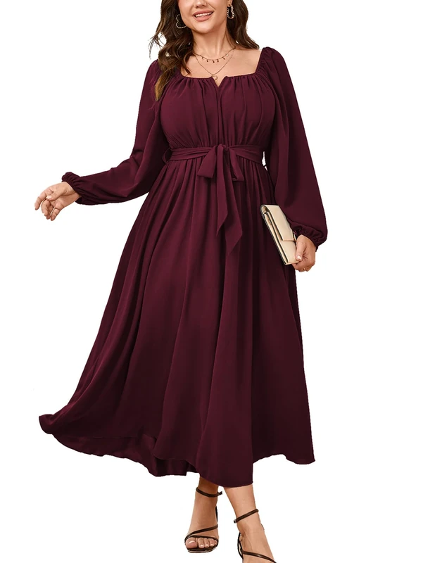 SCOMCHIC Women Plus Size Maxi Dress Long Sleeve Square Neck Wedding Guest Cocktail Belted Elegant Flowy A Line Long Dresses, Burgundy, XXL Plus
