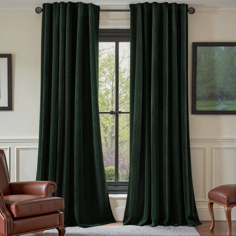 Nemia Dark Green Velvet Curtains for Bedroom Window with Back Tab, Super Soft Vintage Luxury Heavy Drapes, Thermal Insulated Room Darkening Curtain for Living Room, 52" W x 96" L, 2 Panels