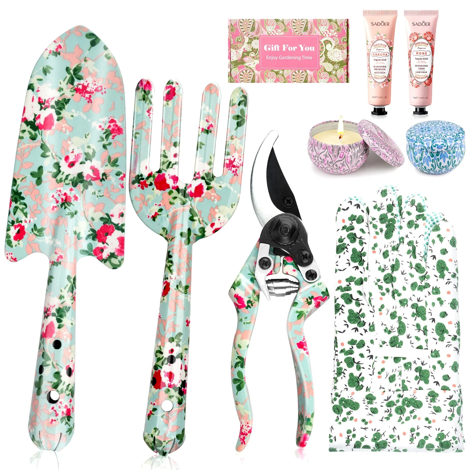 Gardening Gifts For Women, Garden Tools Set Floral Print Fork Trowel Set, Birthday Gift For Women Friends Mum, Gifts for Mothers Day Christmas, With Candles, Hand Creams, Gloves (Pink)