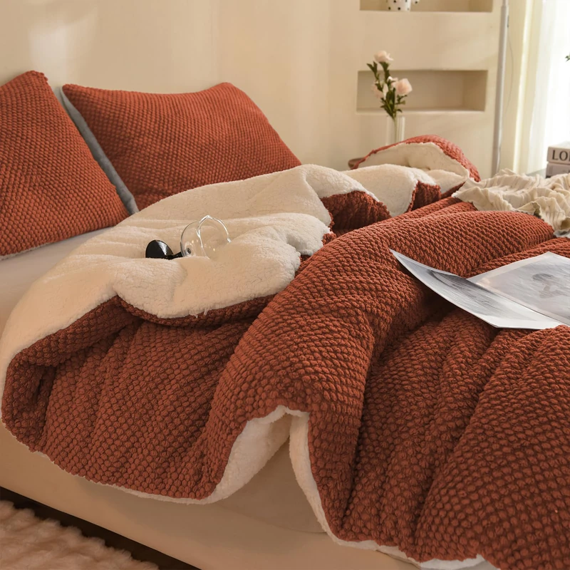 LLanCL 3D Jacquard Design Comforter Set, Ultra-Soft Warm Twin Size Sherpa Fur Plush 2-Pieces Sets Luxury Cozy Bedding with 1 Pillowcase (68"x90", Burnt Orange)