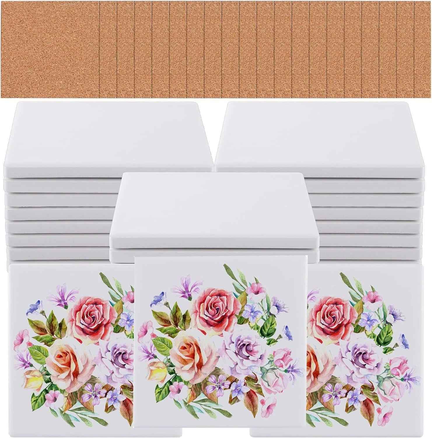 MEIDIV Set of 20 Ceramic Coasters, Sublimation Blanks, Sublimation Coasters Cork Backed, Plain White Ceramic Coaster Tiles for Crafts, Personalised Coasters for Alcohol Ink, Painting, DIY, Art