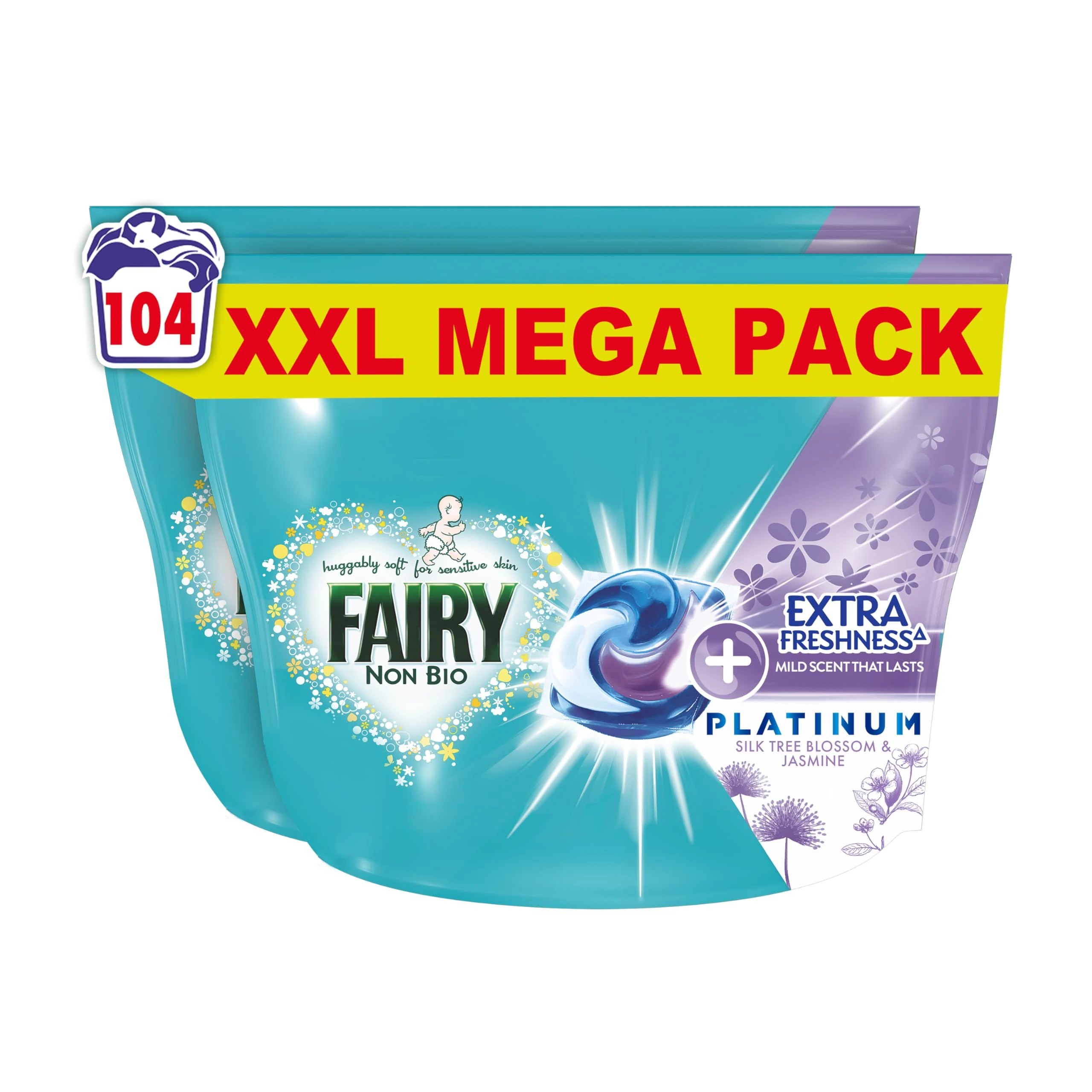 Fairy Non Bio Platinum PODS® Washing Liquid Capsules, 104 Washes (52x2), Silk Tree Blossom & Jasmine, With Extra Freshness For Sensitive Skin