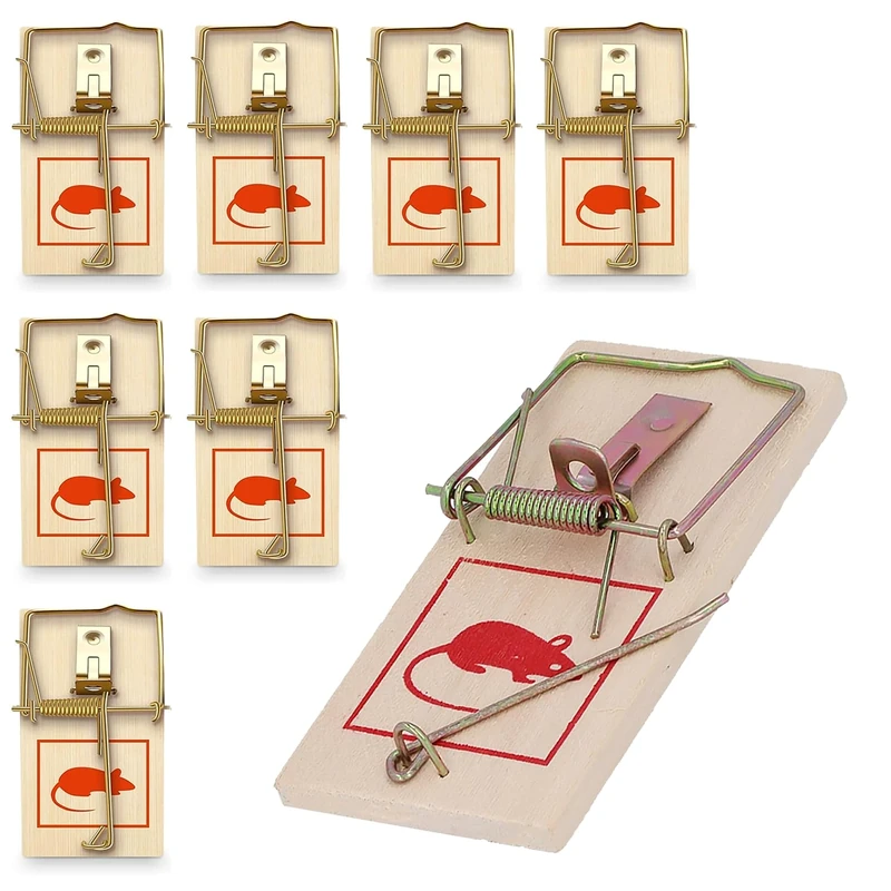 Pack of 8 Traditional Wooden Mouse Traps - Rodent Pest Control, Poison Free and Non-Toxic, Reusable Indoor Mice Trap