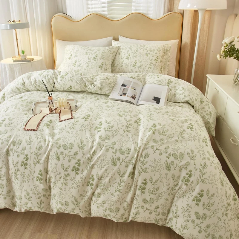 LifeTB Boho Vintage Bedding Queen Duvet Cover White Green Floral Print Cotton Bedding Botanical Pattern Garden Flowers Aesthetic Set Boho Bedding Set with Zipper and Ties