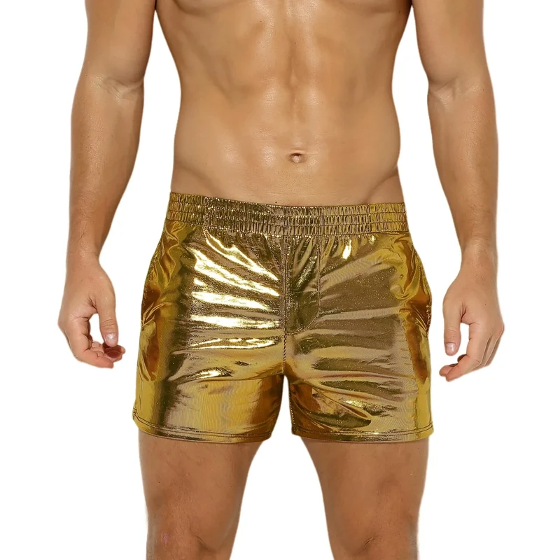 Drelaar Men's Metallic Striped Lightweight Stage Clubwear Short Summer Casual Elastic Shorts Medium Gold