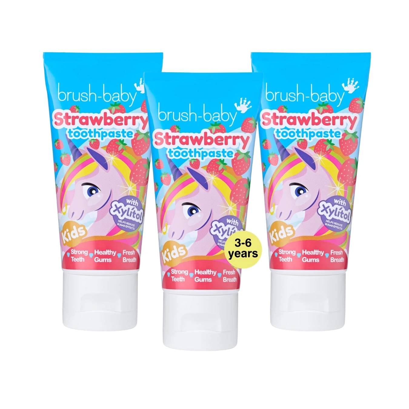 Brush-Baby - Natural Strawberry Kids Toothpaste, 3 x 50ml Tubes - for Ages 3+ - with Xylitol & Fluoride - Strong Teeth, Healthy Gums & Fresh Breath - Gentle Vegan Formula, Safe if Swallowed
