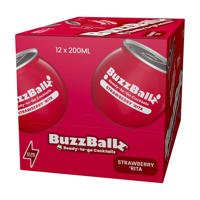 BuzzBallz Strawberry Rita, Ready to Drink Margarita, 13.5% ABV, 12x200ml, Pre Mixed Cocktail Made from Vodka with Strawberry, Citrusy, Sweet and Fruity Notes, with Natural Flavours, Gift Idea