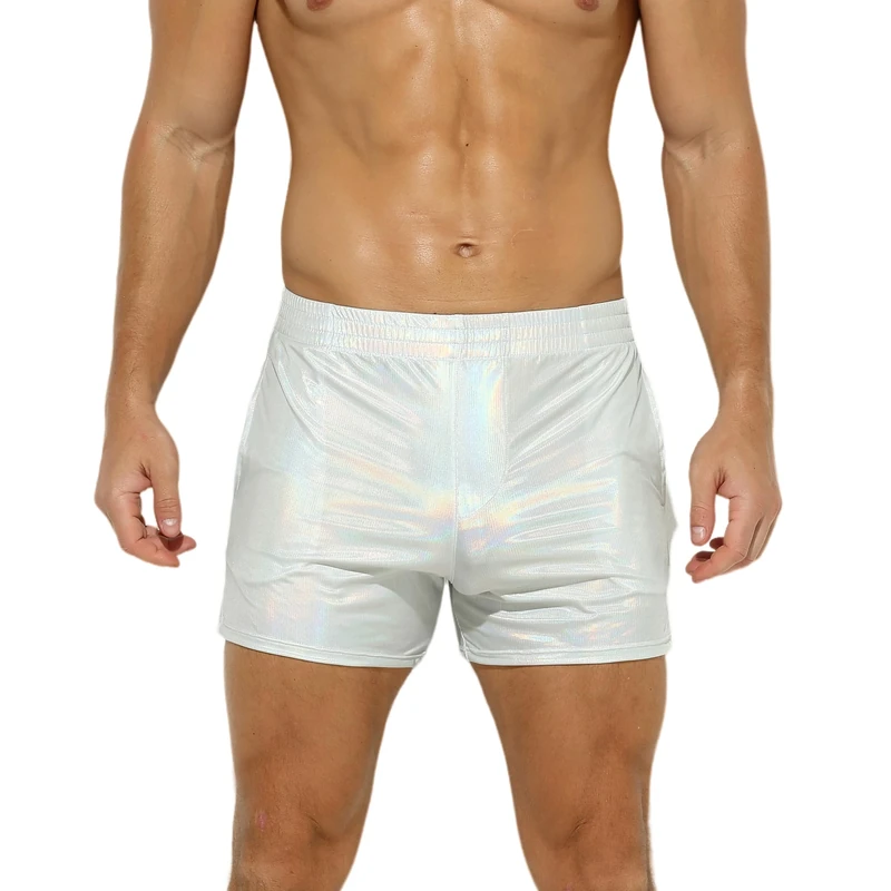 Drelaar Men's Metallic Striped Lightweight Stage Clubwear Short Summer Casual Elastic Shorts Medium Silver