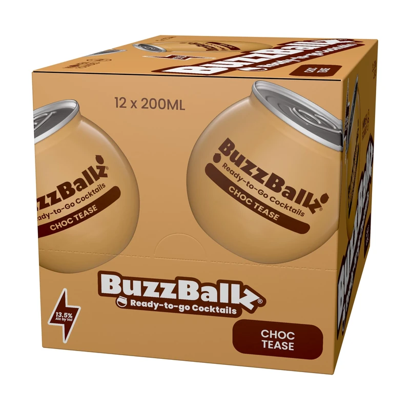 BuzzBallz Choc Tease, Ready to Drink Chocolate Cocktail, 13.5% ABV, 12x200ml, Pre Mixed Cocktail Made from Vodka, Cream and Chocolate Flavour, Silky and Creamy Notes, with Natural Flavours, Gift Idea