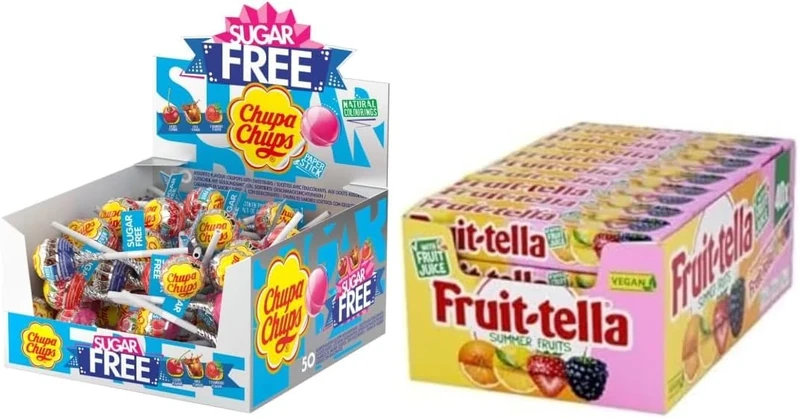 Chupa Chups Sugar Free Assorted Lollipops + Fruittella Summer Fruits Chew Sweets - Vegan Friendly Sweet Shop Bundle