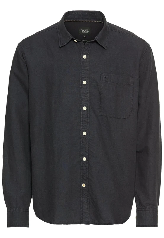 camel active Men's Long Sleeve Linen Shirt with Soft Wash Finish, darkblue, S