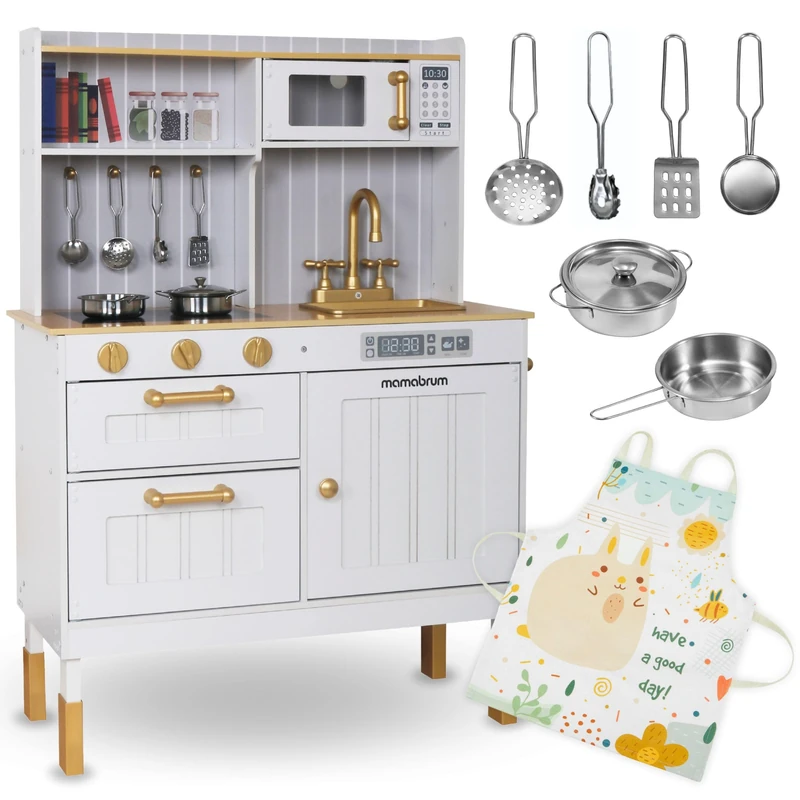 Mamabrum White Wooden Play Kitchen with Accessories and Apron – Modern Design – Microwave, Induction Hob, Oven – Pretend Cooking Toy – For Kids Age 3+