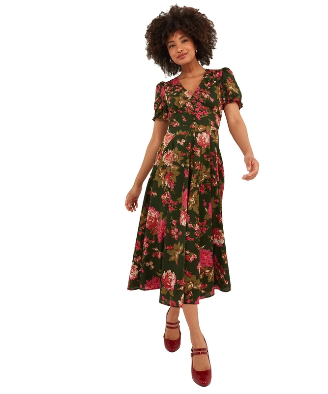 Joe Browns Women's Fashion Vintage Floral V-Neck Puff Sleeve Midi Dress, Regular Fit, Green, UK 18