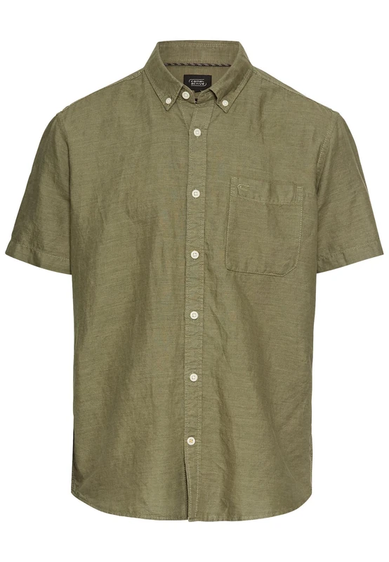camel active Men's Cotton Linen Mix Short Sleeve Shirt, Dark Green, Menswear-L, Dark Green, L