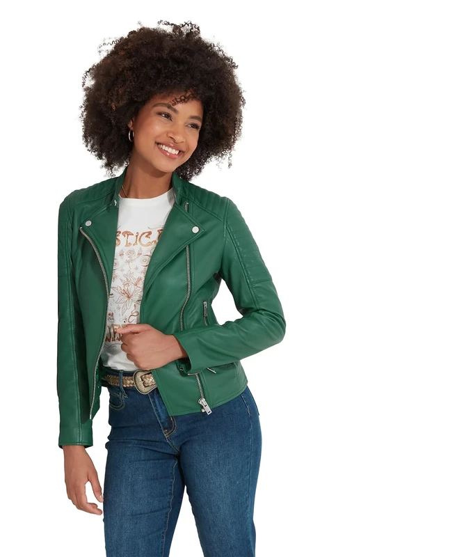 Joe Browns Women's Fashion Quilted Sleeve Grandad Collar Leather Biker Jacket, Regular Fit, Green, UK 14