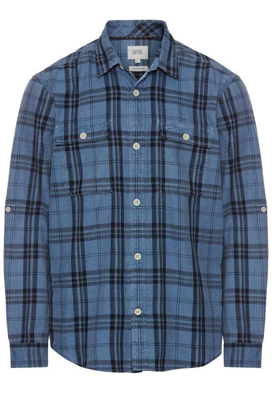 camel active Men's Pure Cotton Check Shirt, Blue, XXL