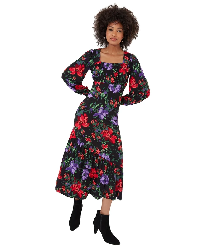 Joe Browns Women's Fashion Balloon Sleeve Gathered Floral Midi Jersey Dress, Regular Fit, Red, UK 12