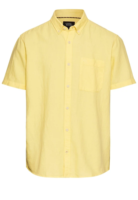 camel active Men's Cotton Linen Mix Short Sleeve Shirt, Yellow, Menswear-S, Yellow, S