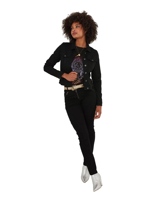 Joe Browns Women's Fashion Boutique Embellished Wing Detail Distressed Stretch Denim Jacket, Regular Fit, Black, UK 14