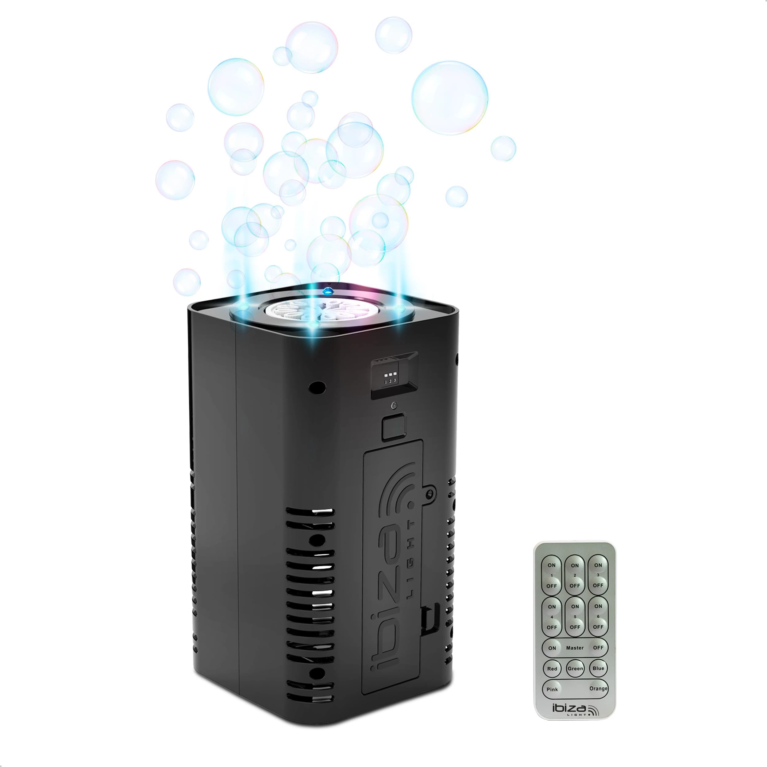 Ibiza - BUBBLE-DREAM - Portable battery powered bubble machine with RGB coloured LEDs - Synchronisation between several machines - Illuminated bubble - Remote control
