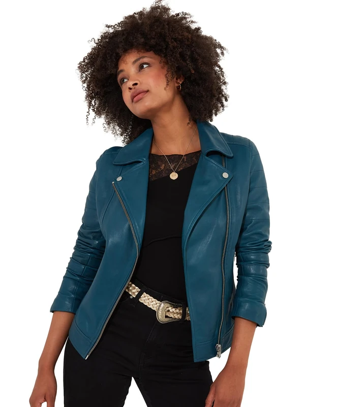 Joe Browns Women's Fashion Asymmetic Zip Leather Biker Jacket, Regular Fit, Blue, UK 16