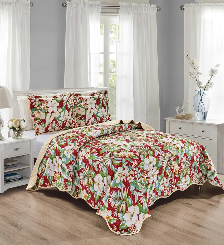 Grand Linen 3-Piece California Cal King Size Tropical Oversized Quilt Set 120 inch X 106 inch All Seasons Bedspread, Pillow Shams Lightweight Soft Coverlet Red Green White Colors Floral Leaves Pattern