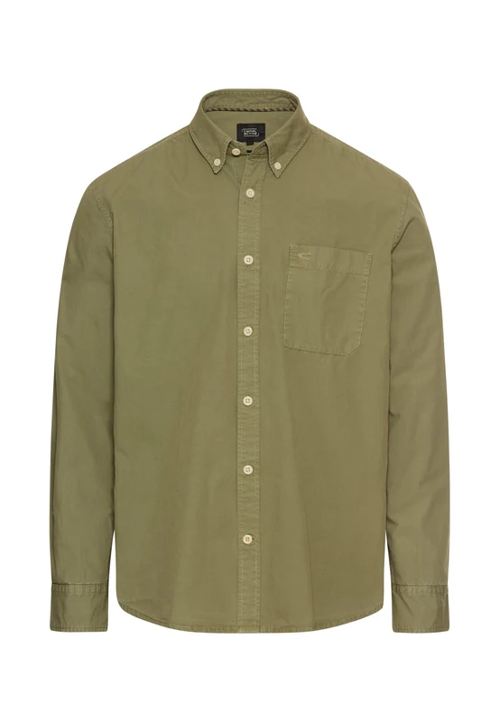 camel active Men's Cotton Shirt with Chest Pocket, Long Sleeve Cotton Shirt in Regular Fit, Green, M